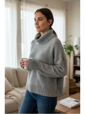 Pink Rose Gray Chenille Turtleneck Sweater Size Large Cozy Soft